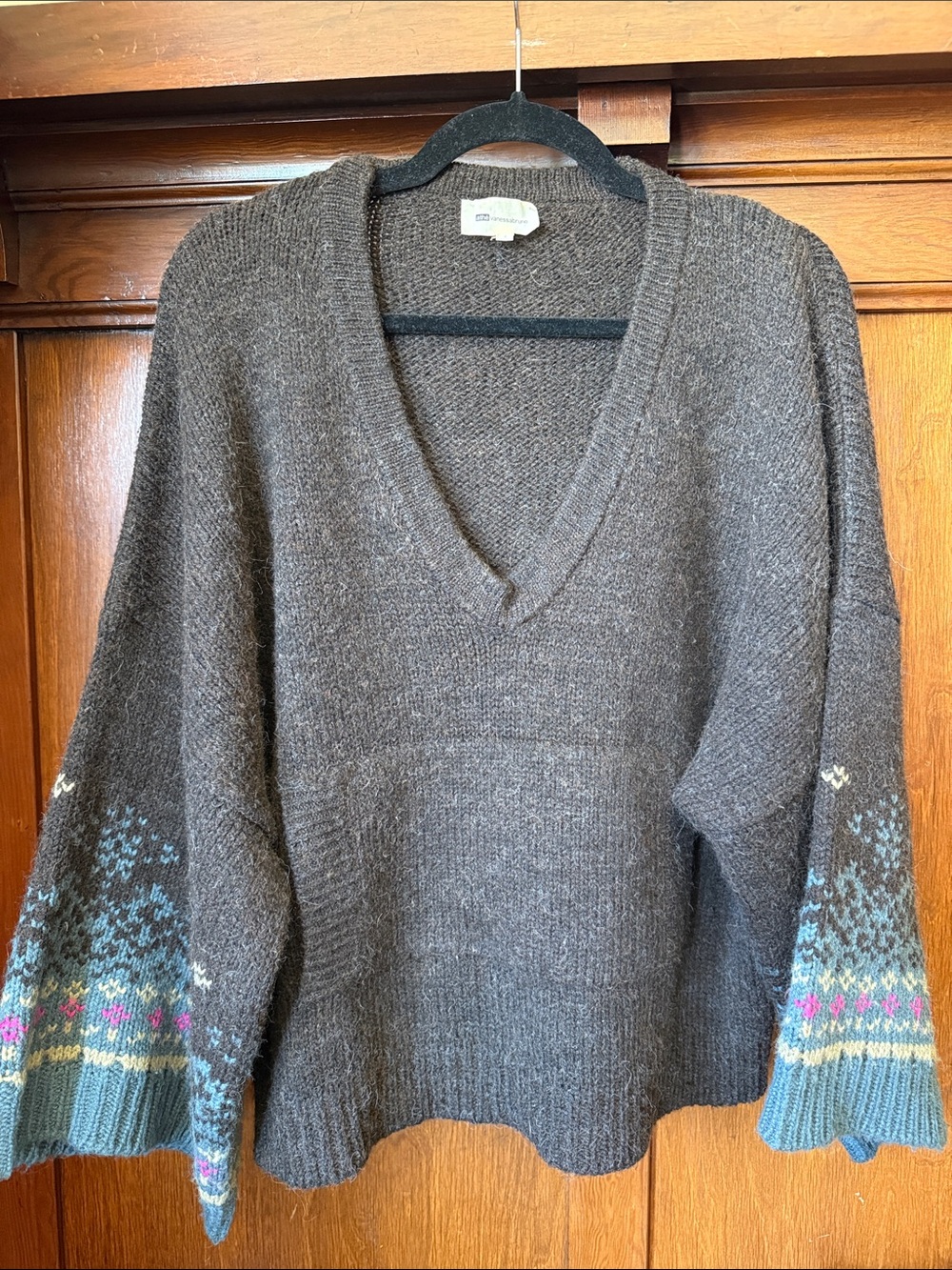 Vanessa Bruno Brown V-Neck Sweater with Multicolor Patterned Cuffs
